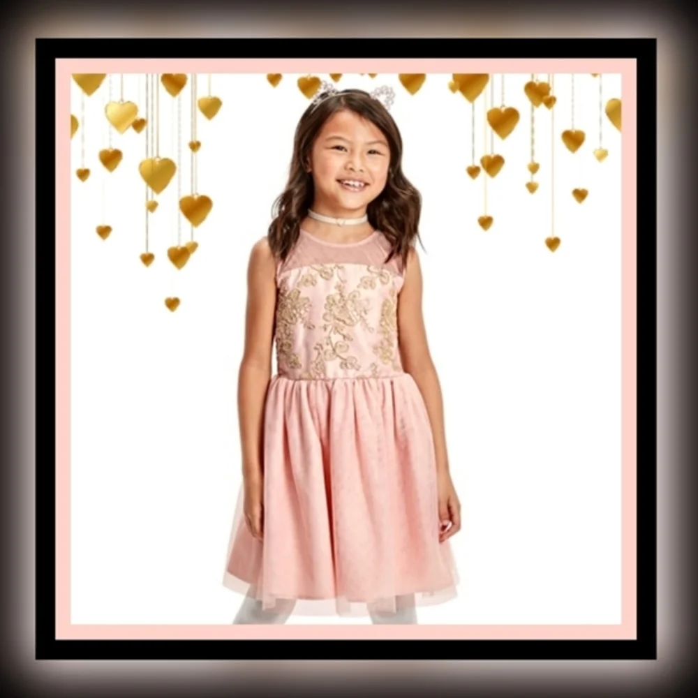 The Children’s Place ✦ Pink Satin Party Dress ✦ Gold Embroidery Tulle Skirt 10
